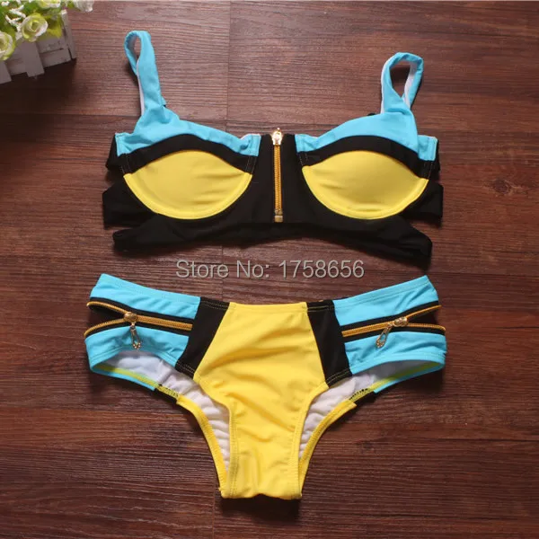 2014 Bandage Bra Padded Bikini Women Swimwear Neon Color Zipper Swimsuit Push Up Bathing Suit Bikinis Set |
