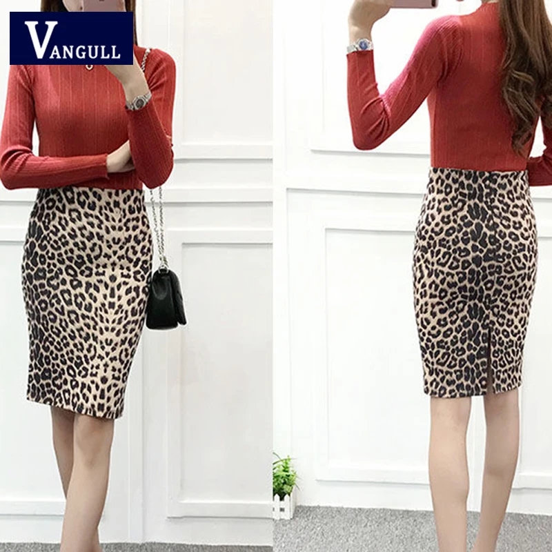 Женская юбка карандаш с леопардовым принтом высокой талией|Женские юбки| |
