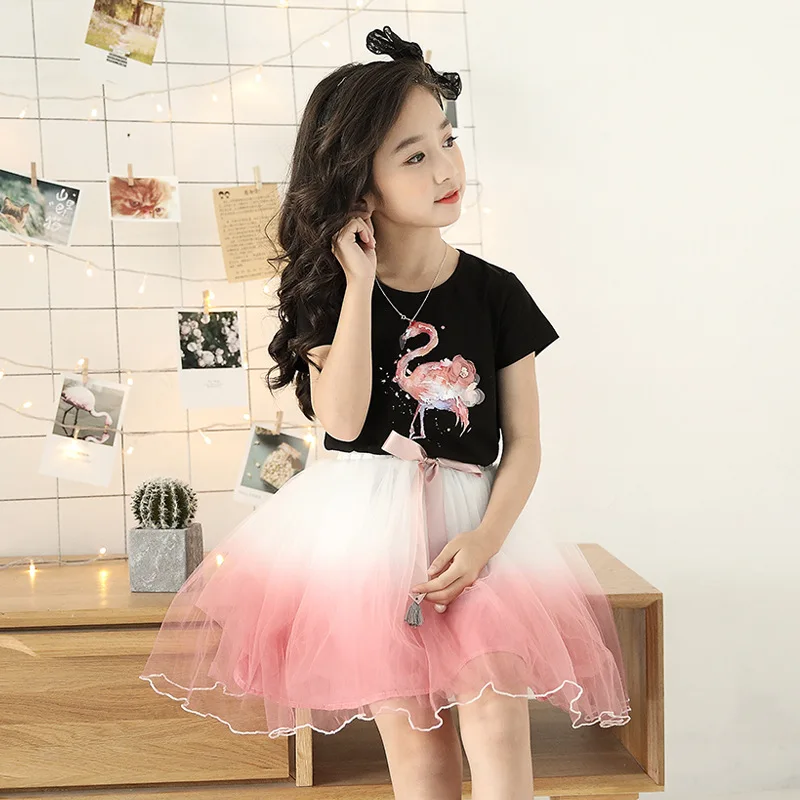 Модный комплект одежды для девочек хлопковый топ с короткими рукавами + юбка в