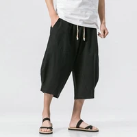 chinese style summer men linen pants 2021 men wide leg trousers male drop crotch hiphop man joggers calf length pants track pant