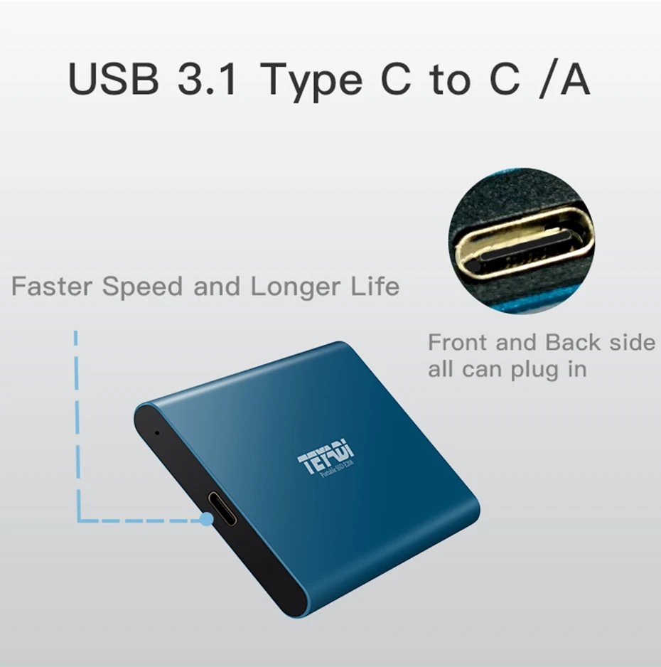 Внешний SSD накопитель TEYADI 1 ТБ 500GB type C USB 3,1 Gen 2, Портативный твердотельный накопитель, совместимый с Mac, ноутбуком, ПК