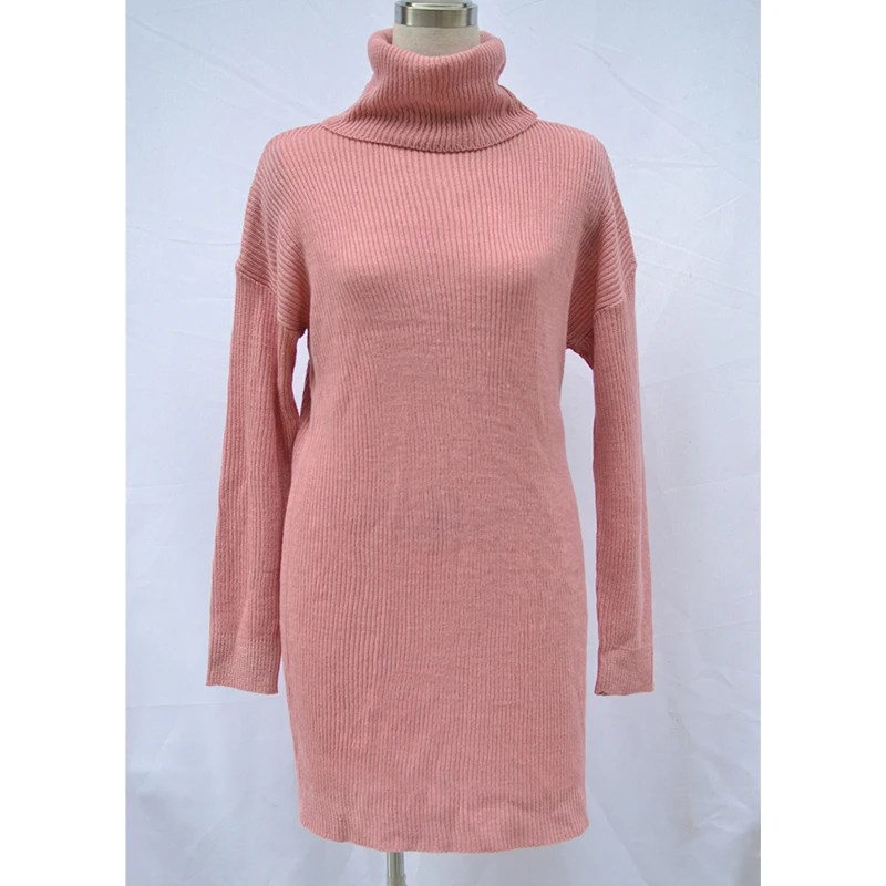 Autumn Winter Office Long Turtleneck Pulover Pink Knitted Warm Sweater Dress Women Korean Streetwear Sleeve Ribbed | Женская одежда