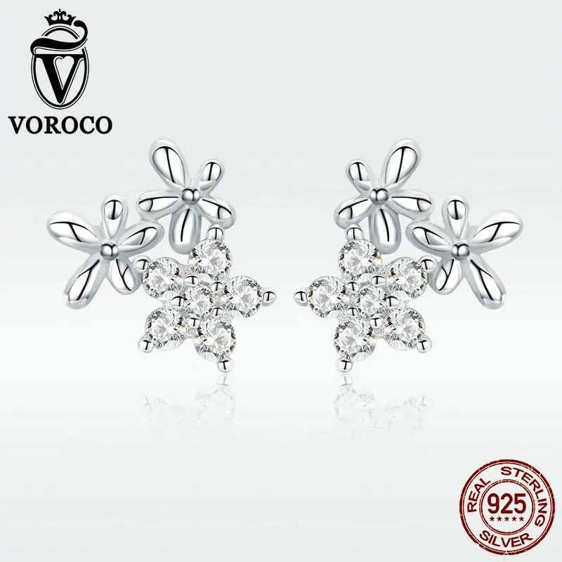 VOROCO 100% Настоящее серебро 925 пробы серьги гвоздики с цветком маленькие серебряные