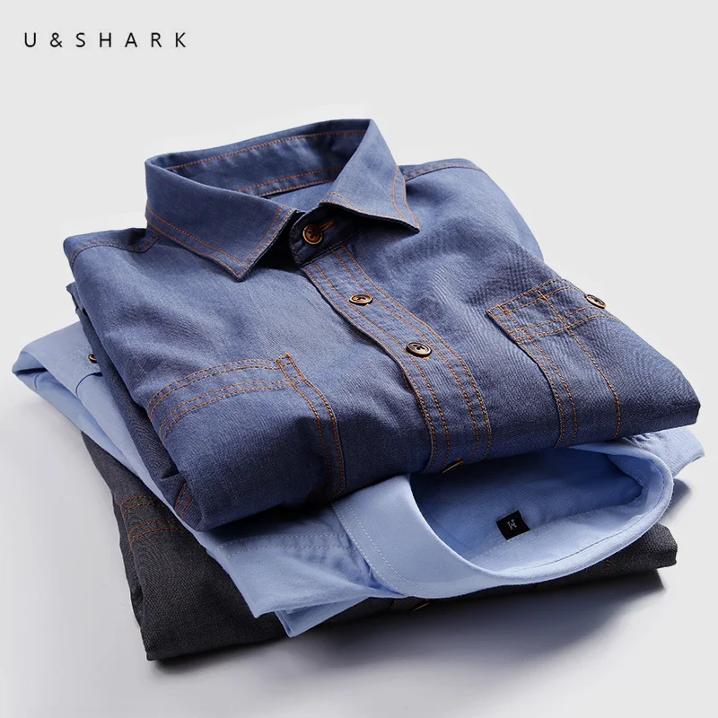 

U&SHARK Mens Blue Denim Shirt Chambray Shirt for Men Long Sleeve Blouse Spring New Pure Cotton Soft Casual Jeans Clothing Male