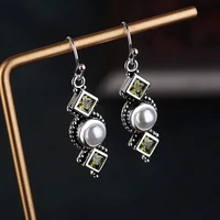 vintage pearl long earings thai silver color round pearl earrings for women accessories square olive stone green earring jewelry