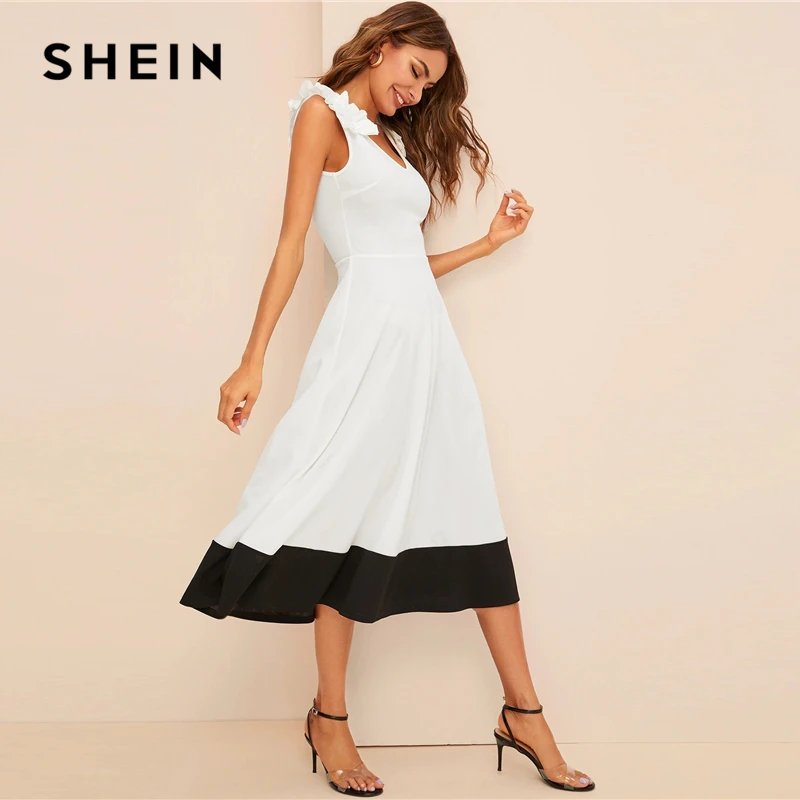 SHEIN Контрастное Платье С Молнией Сзади Женское Белое Элегантное Платье С V-Образным Вырезом И Без Рукавов