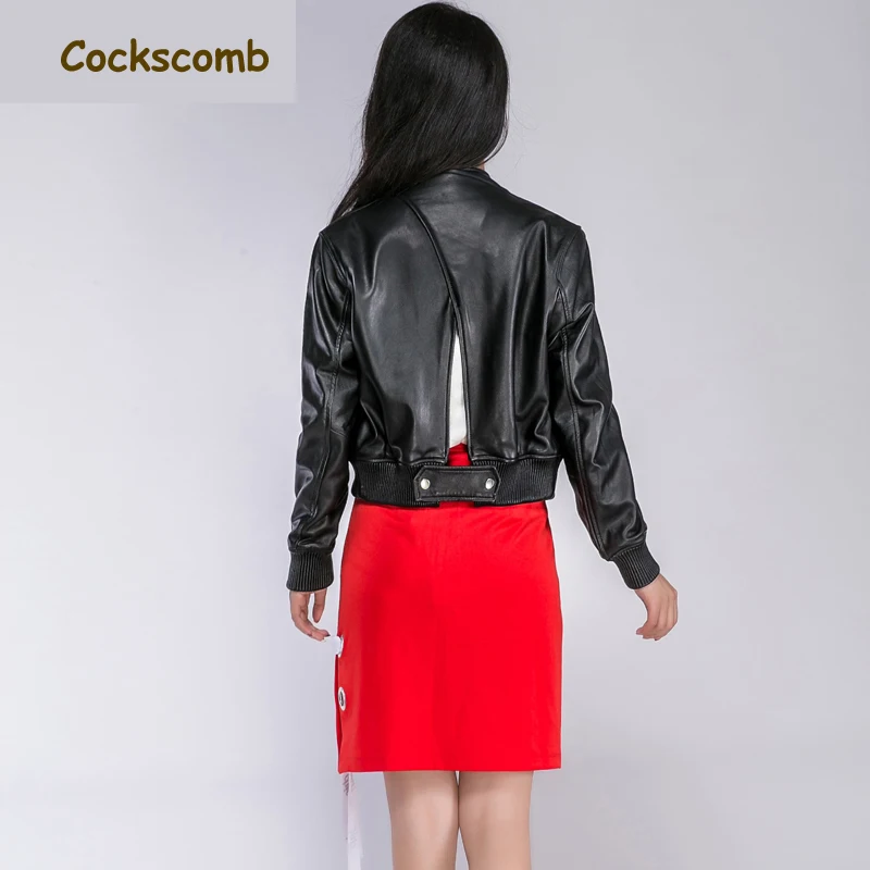 

Cockscomb 2018 New Baseball Design Hollow Out Back Thin Leather Jackets Women Stand Collar Short Sheepskin Leather Jacket Coat