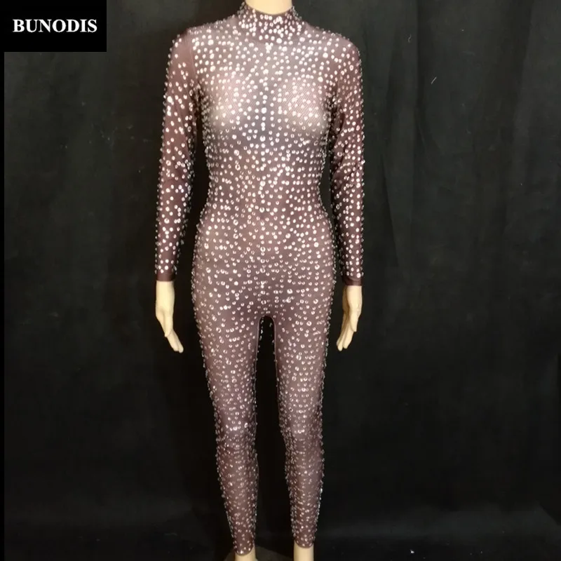 ZD255 Women Sexy Jumpsuit Brown Net Yarn Full Sparkling Crystals Bling Bodysuit Nightclub Party Dancer Singer Stage Wear Costume