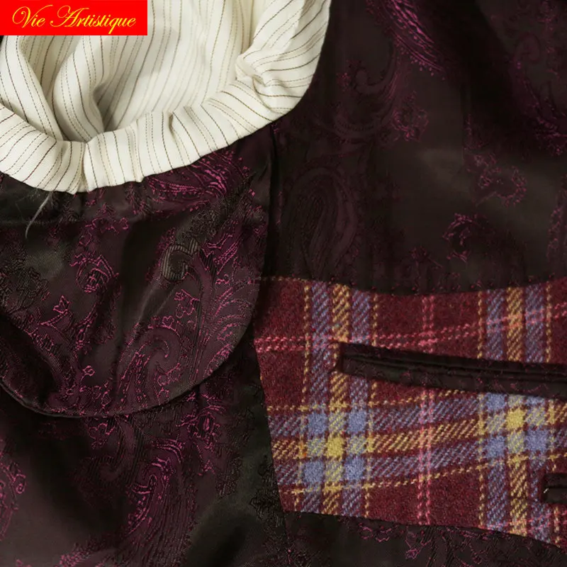 custom tailor made suits 3 pieces jacket pant vest Worsted wool Men's suit groom tuxedos red wine lattice plaid casual 2018 new