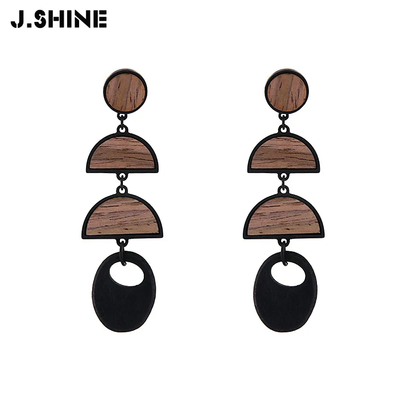 Длинные висячие серьги JShine геометрические винтажные деревянные черные матовые