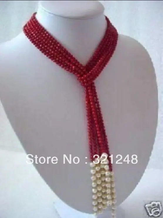 Free shipping new fashion diy 5mm charming red artificial coral with natural white pearl scarf necklace 50inch/strand GE4603 | Украшения и