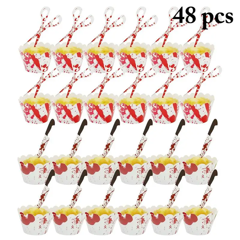 

24Ppcs Halloween Cake Toppers Creative Cupcake Topper with 24pcs Cupcake Wrapper Cake Top Flag Decoration for Party Supplies