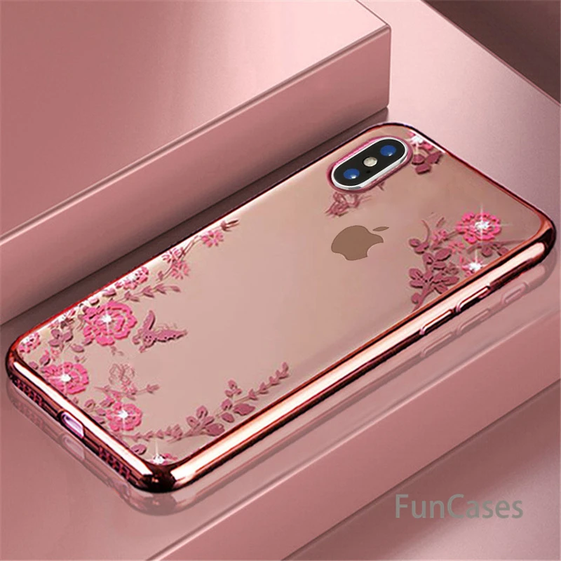 Роскошное покрытие Алмазные цветы ТПУ чистый мягкий чехол для iPhone X XS MAX XR 6 6S 7 8 Plus 5