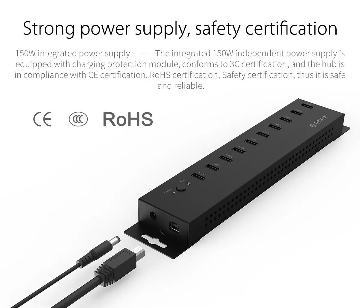 Стальной 10 порт USB2.0 промышленный концентратор автономный адаптер питания 12 В 5A одиночный порт питания максимальная выходная мощность 5 В 1.2A, IH10P