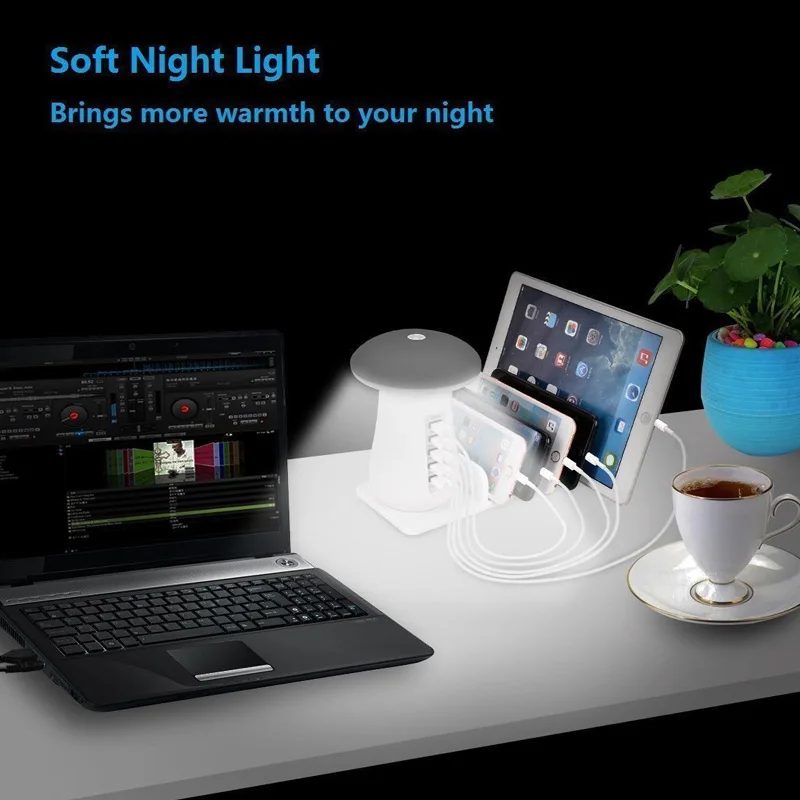 1pc Multi Charging Dock 5 USB Port QC3.0 Station With Mushroom Light Fast Hub EU US AU UK | Электроника