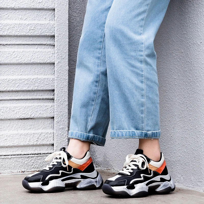 Mcacchi/Высококачественная обувь для папы; женские дышащие кроссовки смешанных цветов с перекрестной шнуровкой; женские пикантные высокие туфли на платформе; Basket Femme