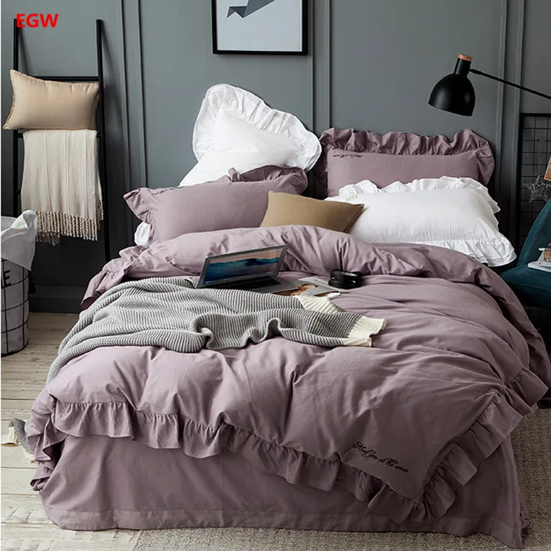 Однотонный Комплект постельного белья из 100% хлопка цвета хаки|king size bedding|purple