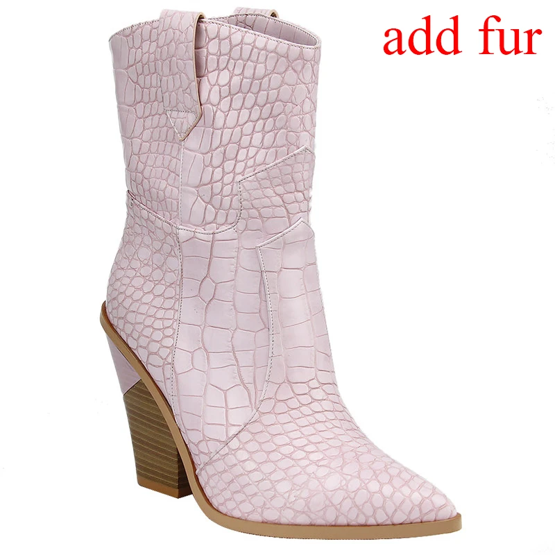 pink with fur Karinluna/Новые поступления г. Сапоги до середины икры на Высоком толстом каблуке размера плюс 33-46, Прямая поставка Женская обувь без шнуровки женские ботинки - Цвет: pink with fur