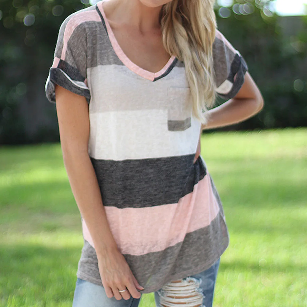 Женские футболки с карманами v-образным вырезом в полоску большие размеры