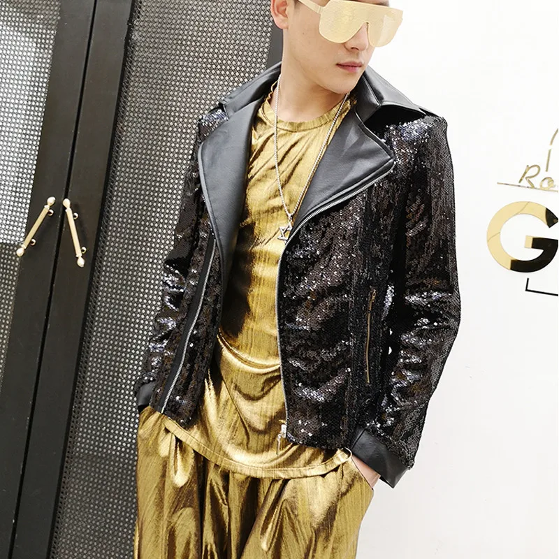 Мужская куртка из искусственной кожи с красными блестками черная мотоциклетная