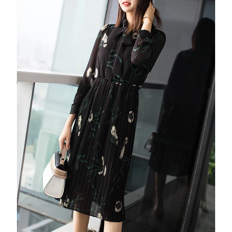 Бренд 2018 осень Для женщин элегантные с цветочным принтом черный шифоновое платье