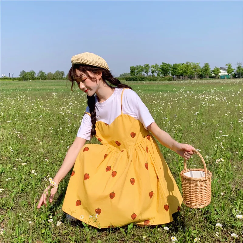 Новые летние милые платья в японском стиле для женщин, Kawaii, клубничный принт, короткий рукав, поддельные два предмета, платье для девочек, милое платьице