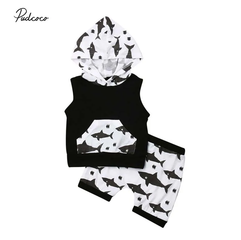 2019 Brand Newborn Toddler Kids Baby Boy Clothes Shark Hoodie Sleeveless Tops Pants Shorts 2Pcs Outfit Summer Casual Clothing |