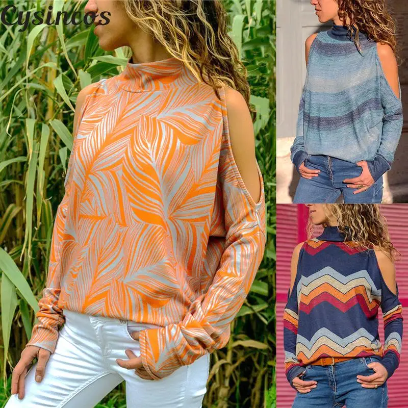 Cysincos 2019 Women Sexy Off Shoulder Knitted Sweater Autumn Turtleneck Retro Print Pullovers Casual Plus Size Female Jumper Top | Женская