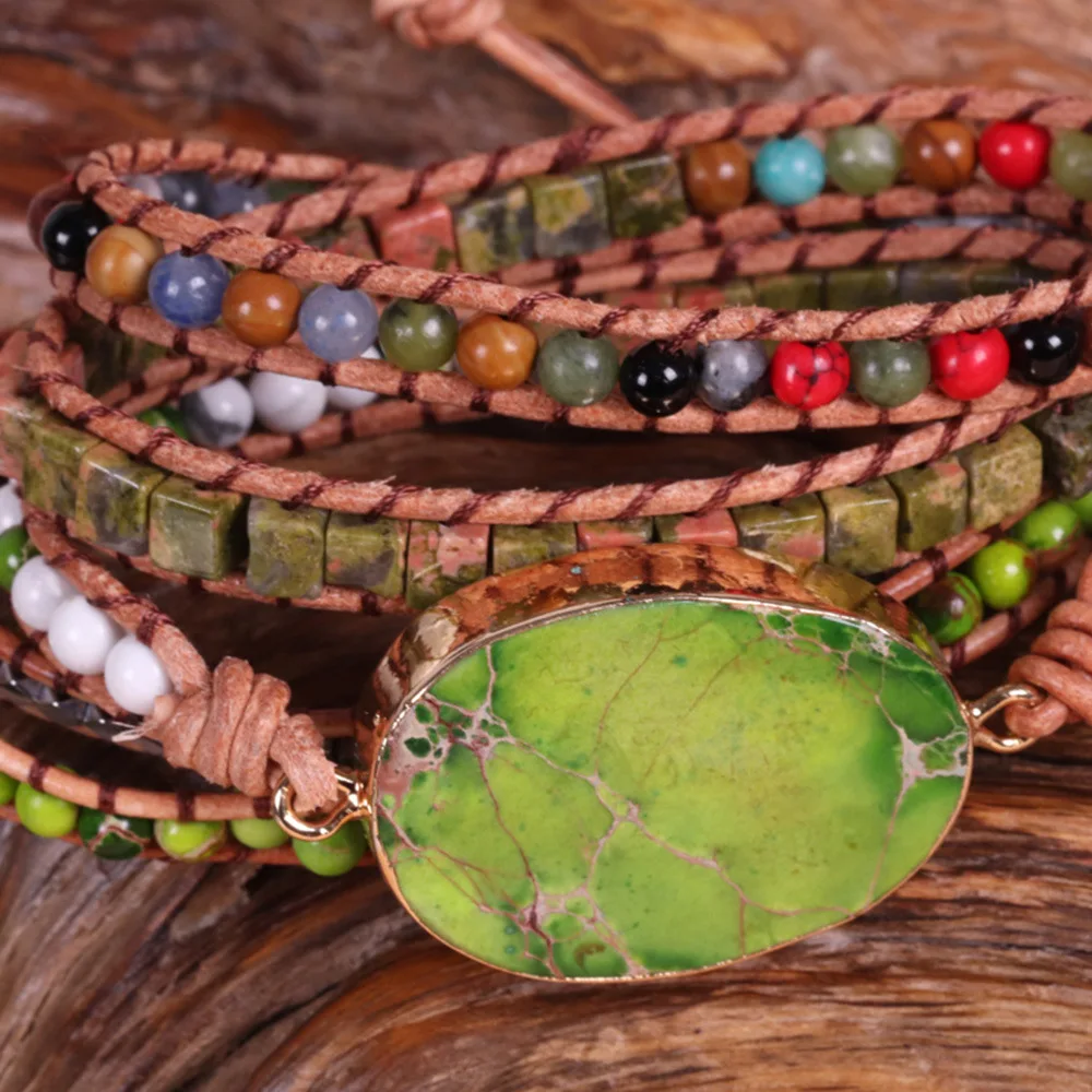 

New Punk Bracelet Femme Natural King Stone Five Leather Wrap Bracelet Beads Bohemia Beach Bracelet Jewelry