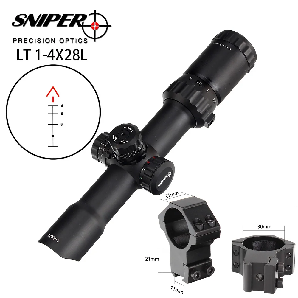 with Dovetail Rings Снайперский охотничий прицел 1-4X28 стекло травленый шеврон сетка длинный глаз рельеф тактический оптический прицел RGB с подсветкой прицел - Цвет: with Dovetail Rings