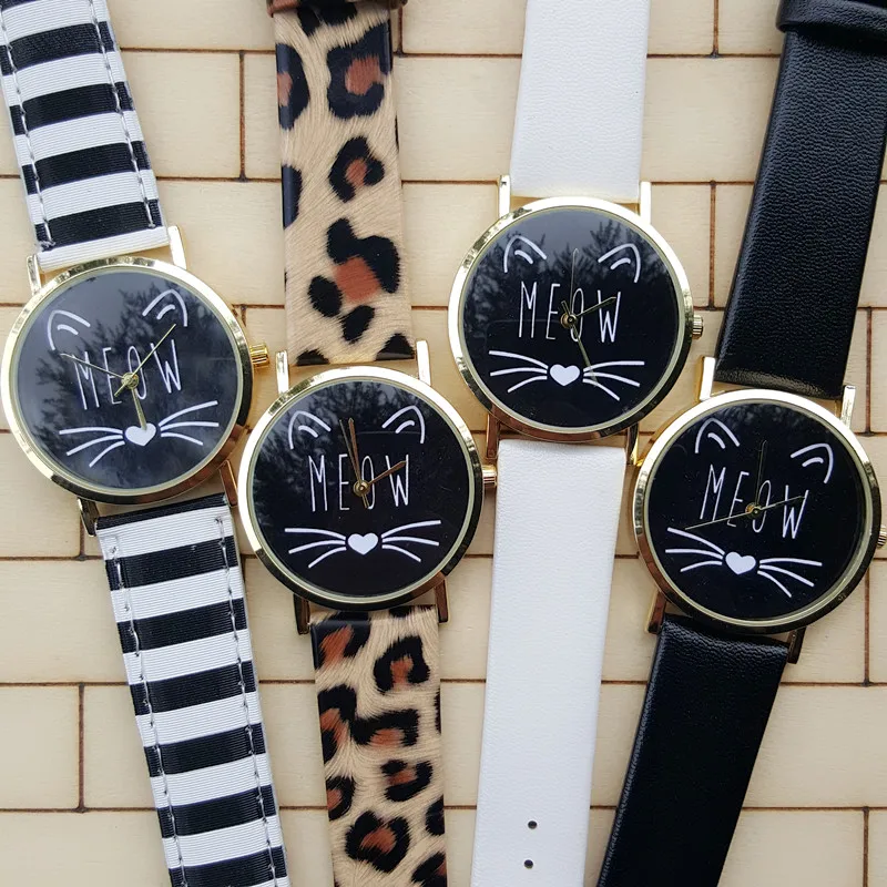 Милые часы с котом новинка 2016 кожаным ремешком в форме мордочки кошки женские