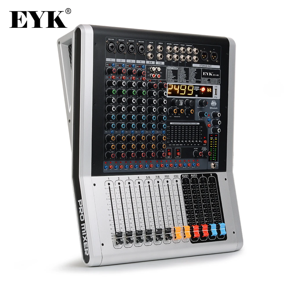 EYK EC80 8-канальная(4 подойдет как для повседневной носки, так, 2 стерео) звукомикшер с 9 полосным эквалайзером 99DSP двойной эффект, включающим в себя гарнитуру блютус и флеш-накопитель USB 2 AUX 2 Запись rca-входы