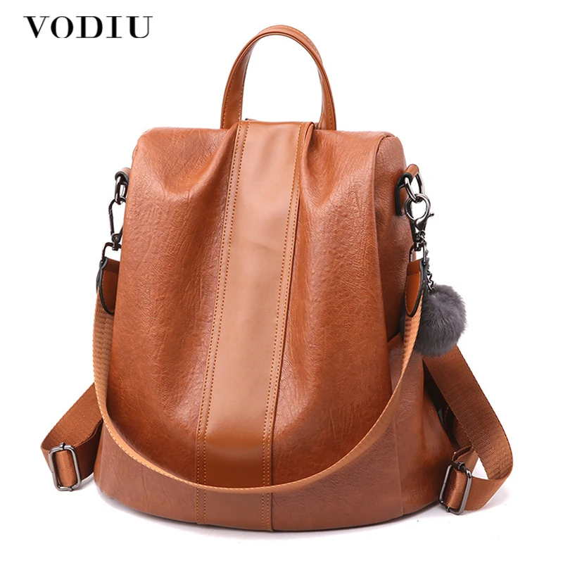 Женский кожаный рюкзак Feminima Mochila школьный для девочек с меховым помпоном