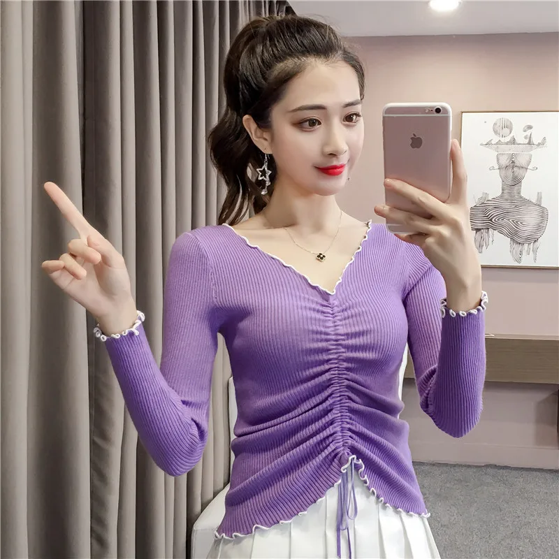 

Girl's V-neck midriff-baring knit sweater spring autumn season popular womens