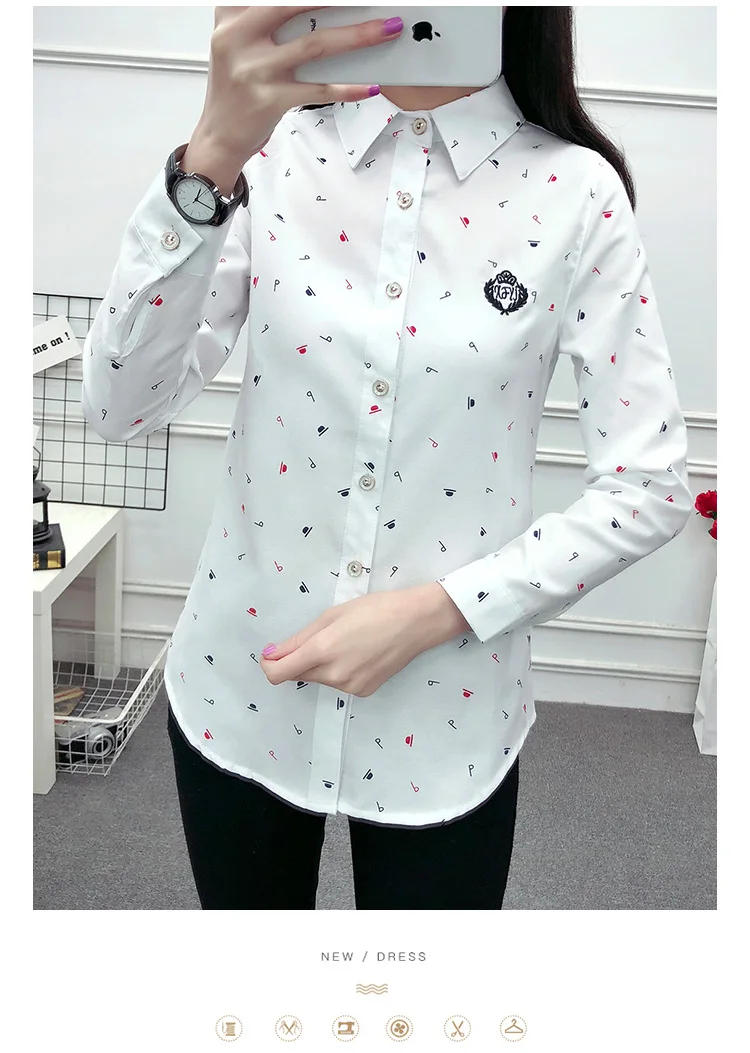 New spring Autumn women Preppy style cotton Contrast color print pattern Turn-down Collar long sleeve blouse shirt casual tops