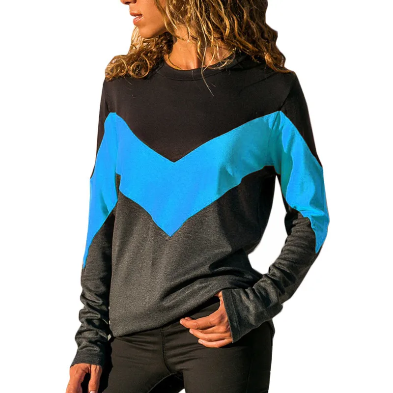 Женская футболка новая 2018 контрастная повседневная с круглым вырезом длинным