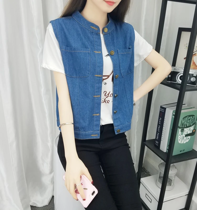 Large Size Bust 5XL Women's Jeans Vest Summer Thin Pure Blue Pocket Jacket Cardigan Sleeveless Female O-Neck Button Waistcoat