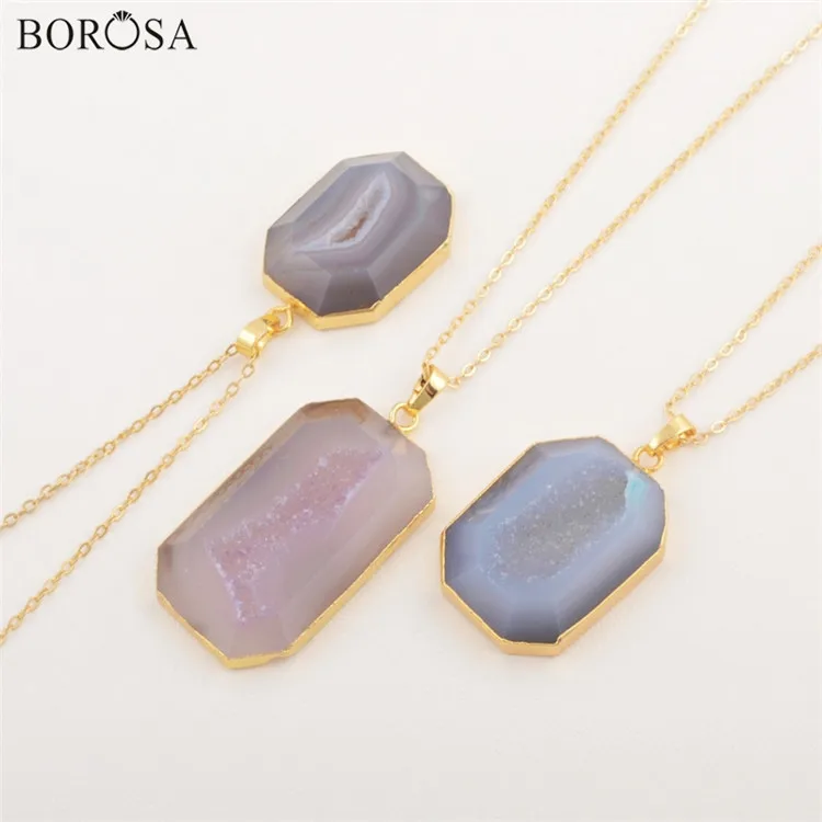 only pendant(random) BOROSA Прямая поставка радуга цвет восьмиугольник кулон agates Druzy Geode 18 дюймов медь золотая цепочка ожерелье CL112 - Окраска металла: only pendant(random)