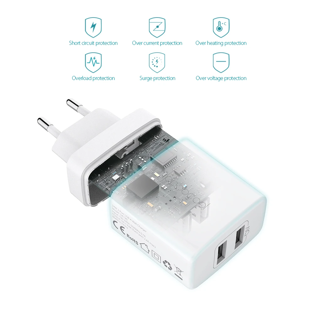 Dodocool 24 Вт Dual USB зарядное устройство для путешествий настенное зарядное устройство для мобильного телефона зарядное устройство адаптер EU UK для iPhone X 8 Plus 7 6s Xiaomi samsung