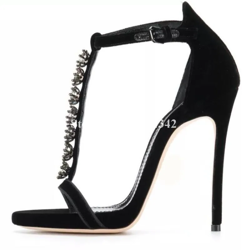 

Hottest Newest Shoes Women Summer Fashion Super High Heel Cover Heel Open Toe Crystal Decoration Black Solid Flock Women Sandals