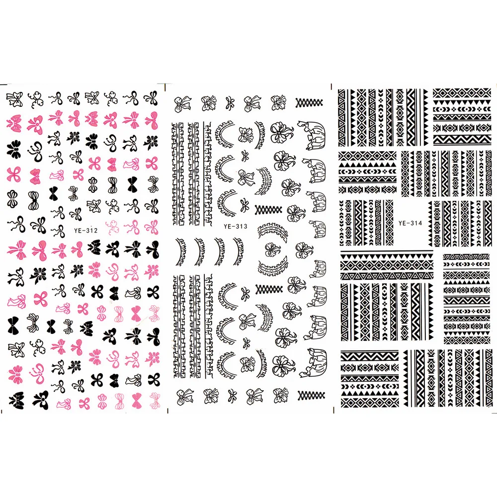 

3 PACK/ LOT WATER TRANSFER DECAL NAIL ART NAIL STICKER BOW TIE FRENCH SMILE LACE YE312-314