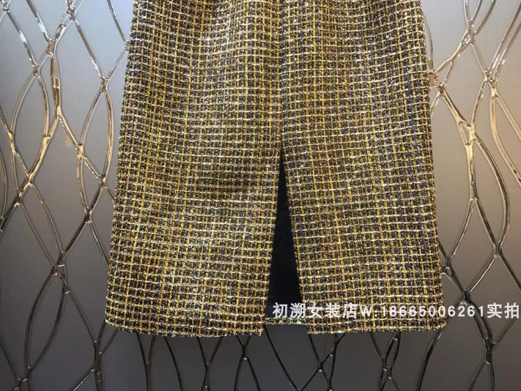 Cakucool, новинка, Золотая блестящая юбка с люрексом, Женская прямая Длинная клетчатая юбка с разрезом, высокая талия, на пуговицах, с блестками, элегантная весенне-осенняя юбка