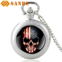 vintage american flag skull pocket watch men retro bronze skeleton necklace quartz watch