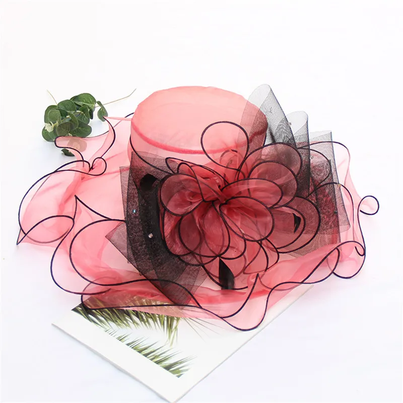 watermelon red Mingli Tengda, новинка, свадебная шляпа для женщин, Элегантные Свадебные шляпы из органзы с цветком, летняя пляжная шляпа с козырьком, chapeau femme mariage - Цвет: watermelon red