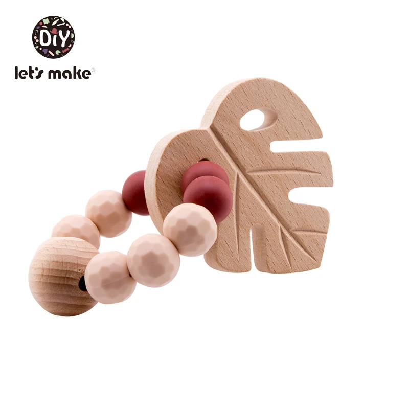 Let's Make-mordedor de cuentas de silicona, pulsera de dentici&oacute;n para beb&eacute;, juguete de lactancia para reci&eacute;n nacido, hoja de madera de haya, 1 ud.-4