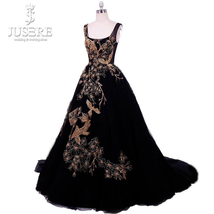 

Jusere Real Photos Square Neck Puffy Ball Gown Celebrity Dresses Low Back Golden Embellishment Black Evening Dress Custom