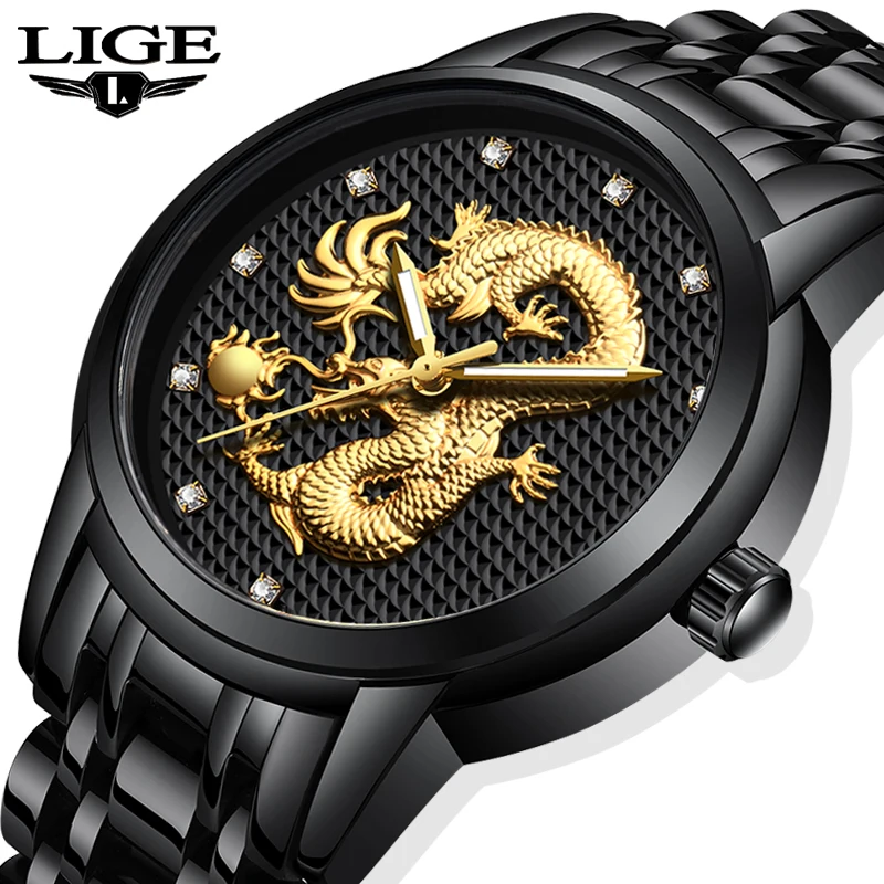 Relogio Masculino LIGE мужские часы Топ бренд класса люкс Золотой Дракон Бизнес Кварцевые часы мужские полностью стальные водонепроницаемые наручные часы+ коробка