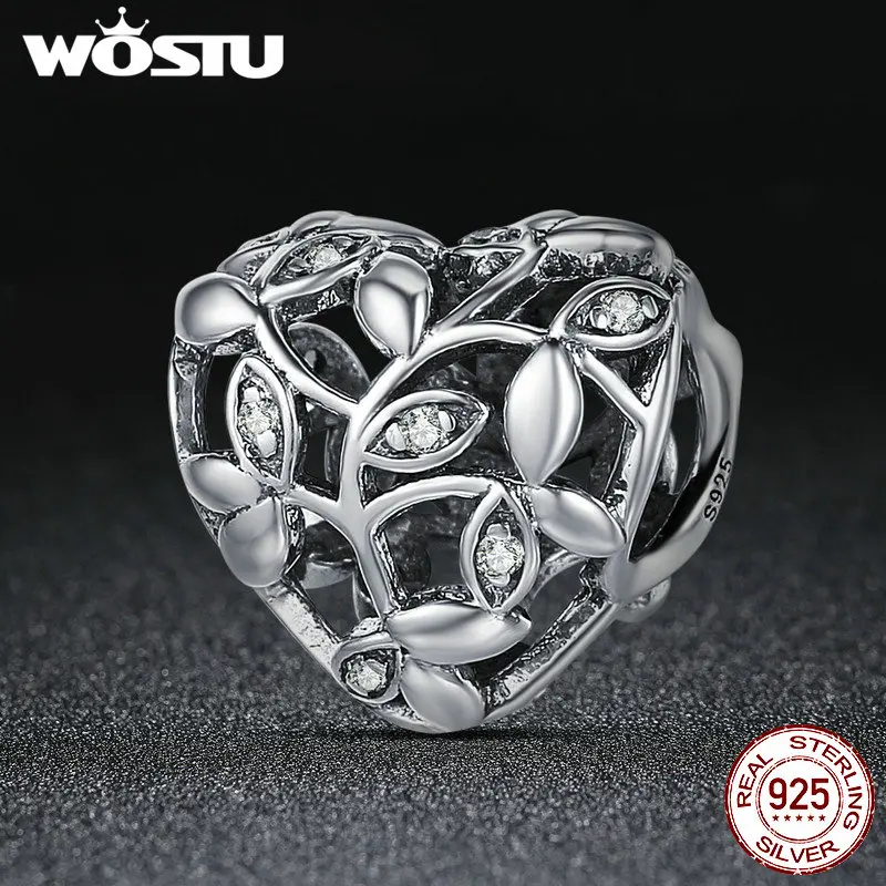 WOSTU горячая Распродажа настоящее 925 пробы Дерево листьев сердце Очаровательные