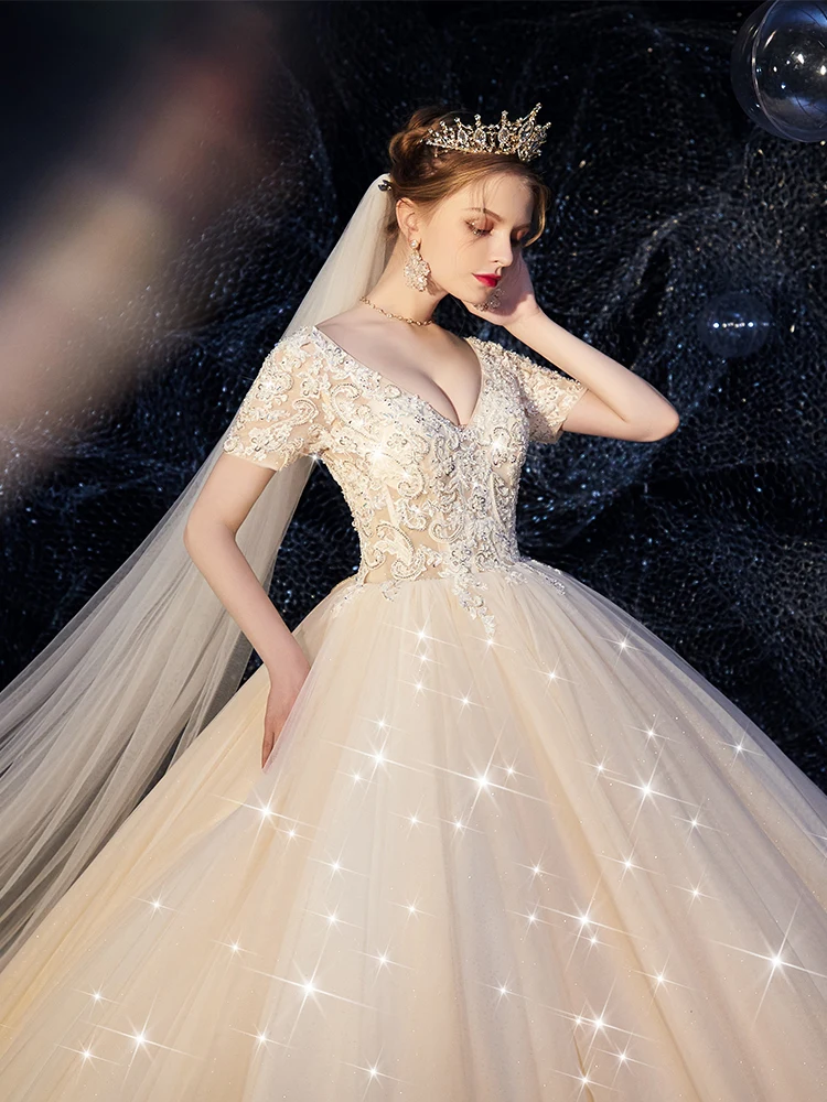 Женское блестящее платье Vivian's Bridal кружевное с коротким рукавом и треугольным