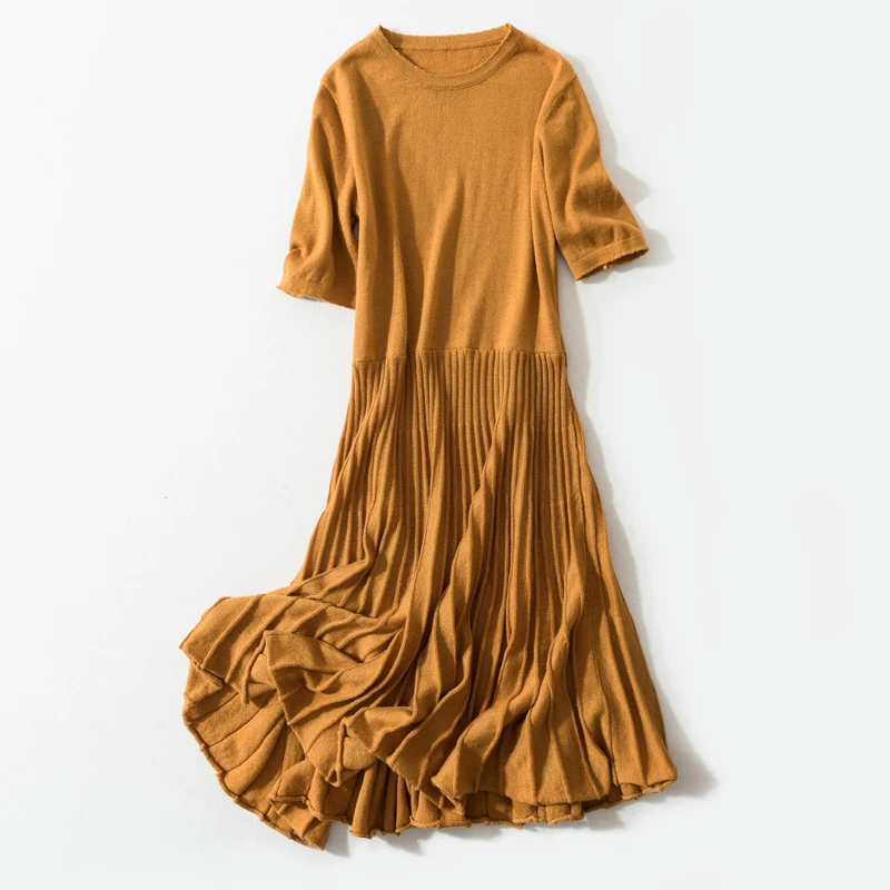 Новинка 2019 женское кашемировое плиссированное платье с коротким рукавом